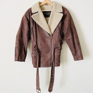 Vintage 80s Winlit MEDIUM genuine leather brown sherpa neck belted bomber jacket